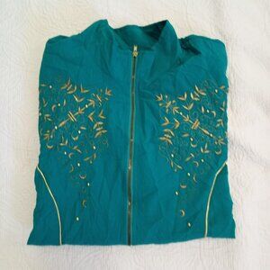 Vintage Delta Burke Teal Jacket Gold Embroidery Womens Plus Size 1X Lightweight